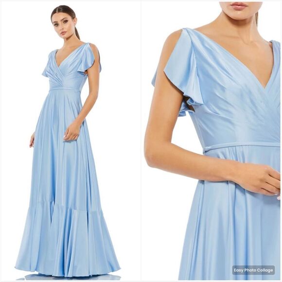 NWT Mac Duggal FLOUNCE SLEEVE SATIN GOWN Missing Belt - Picture 2 of 15